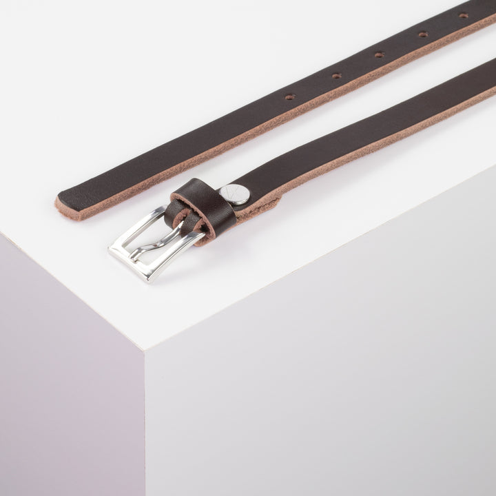Ledergürtel 1,5cm mit Schnalle Brisbane silber glänzend dunkelbraun ohne Muster
