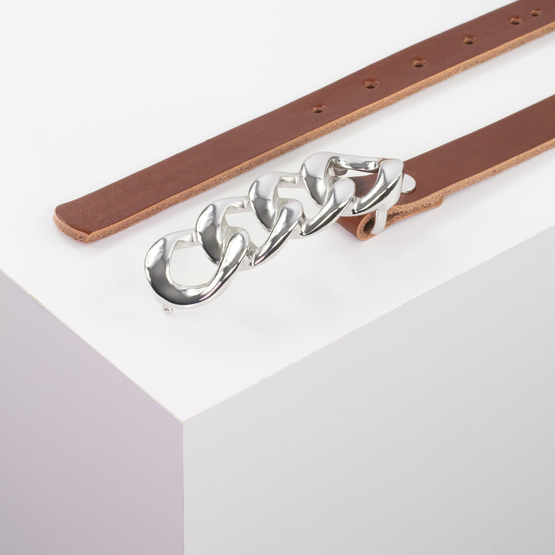 Ledergürtel 2cm mit Schnalle Roma silber cognac ohne Muster