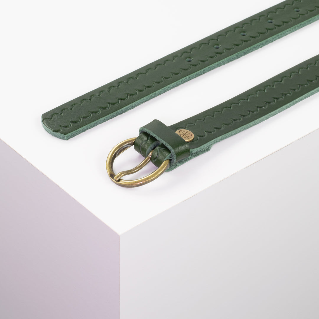 Ledergürtel 2,5cm mit Schnalle Oslo messing grün kleine Welle