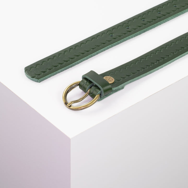Ledergürtel 2,5cm mit Schnalle Oslo messing grün kleine Welle
