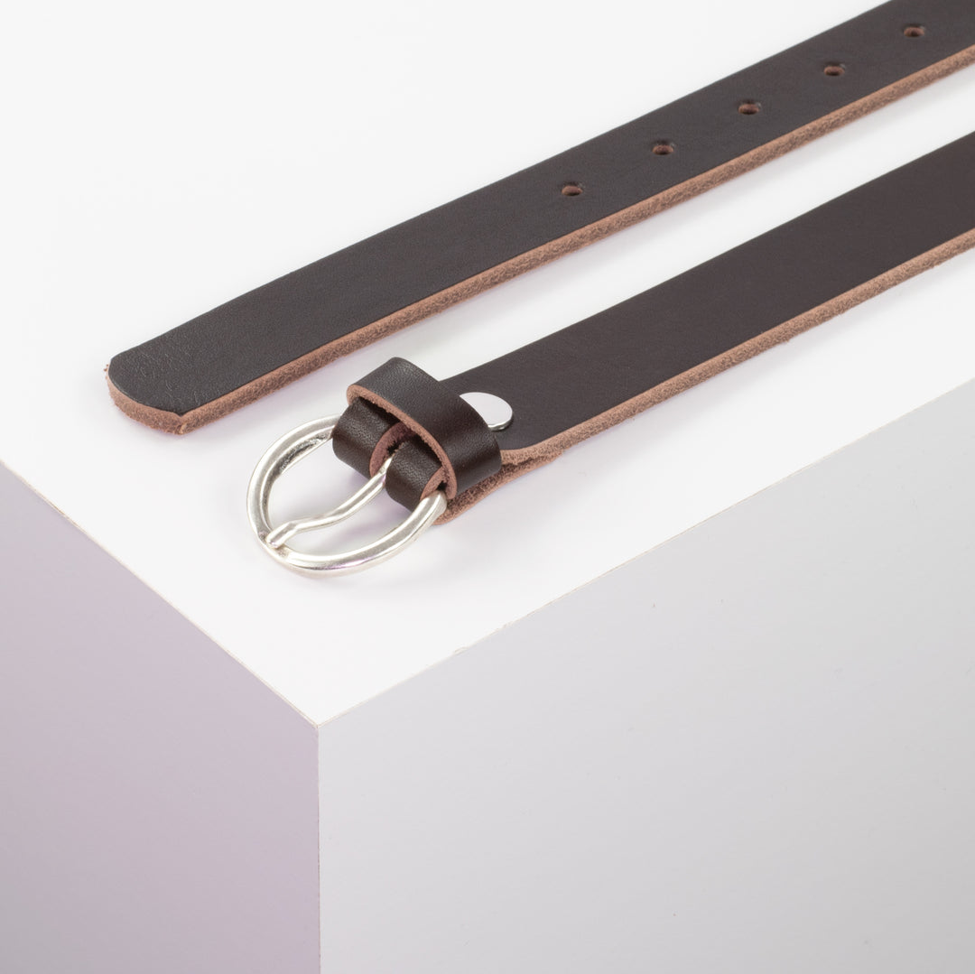 Ledergürtel 2,5cm mit Schnalle Oslo silber dunkelbraun ohne Muster
