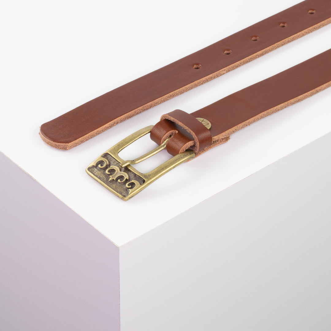 Ledergürtel 2,5cm mit Schnalle Ornament messing cognac ohne Muster