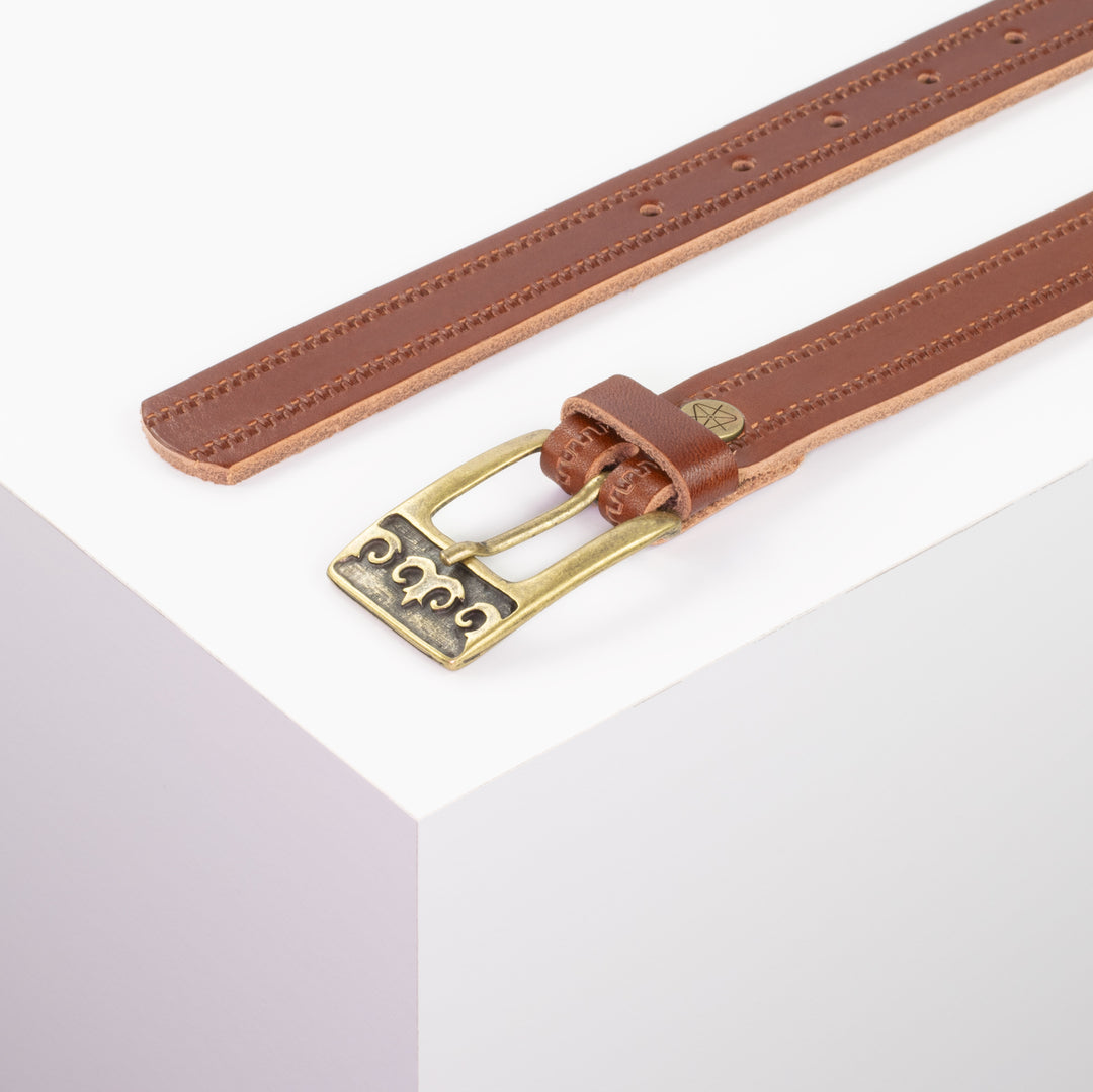Ledergürtel 2,5cm mit Schnalle Ornament messing cognac Reißverschluss
