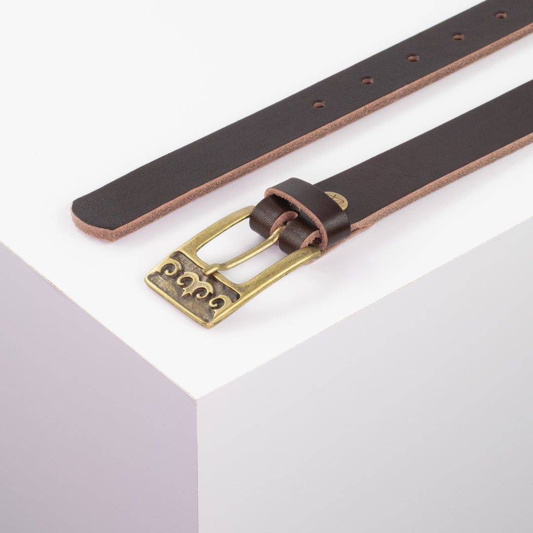 Ledergürtel 2,5cm mit Schnalle Ornament messing dunkelbraun ohne Muster