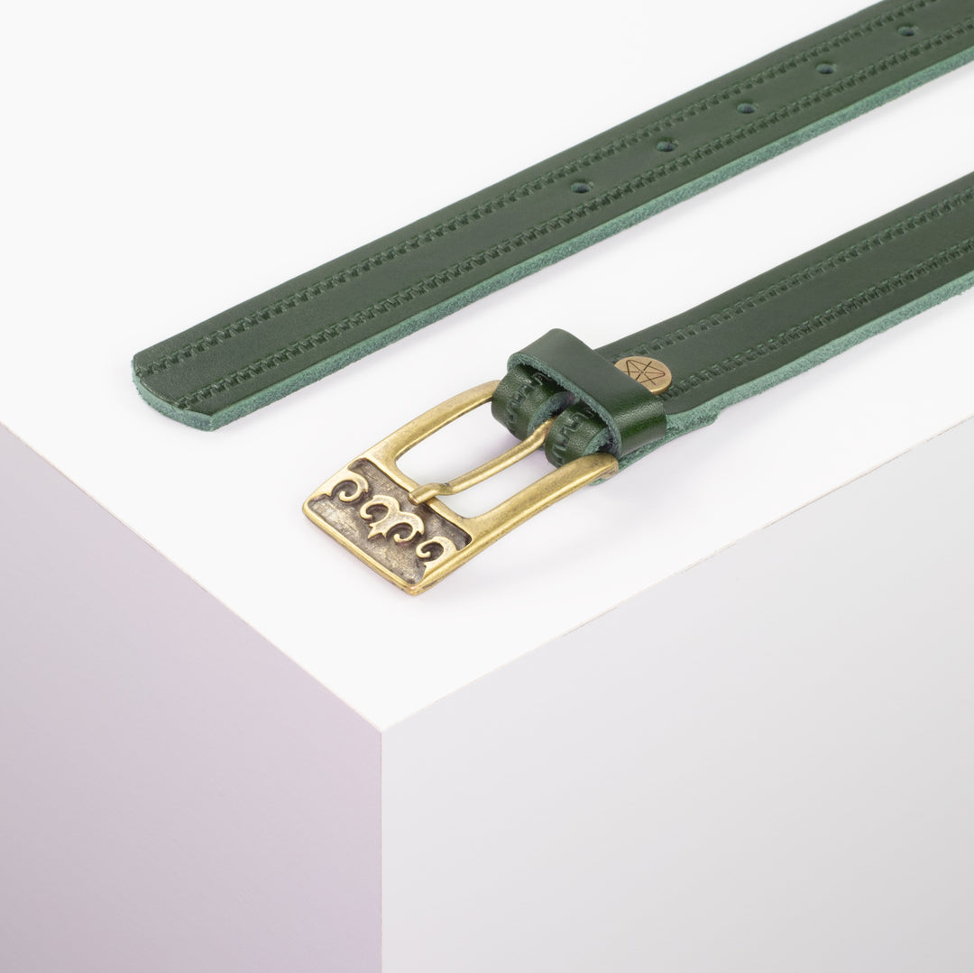 Ledergürtel 2,5cm mit Schnalle Ornament messing grün Reißverschluss