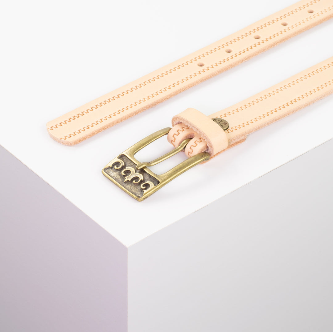 Ledergürtel 2,5cm mit Schnalle Ornament messing natur Reißverschluss