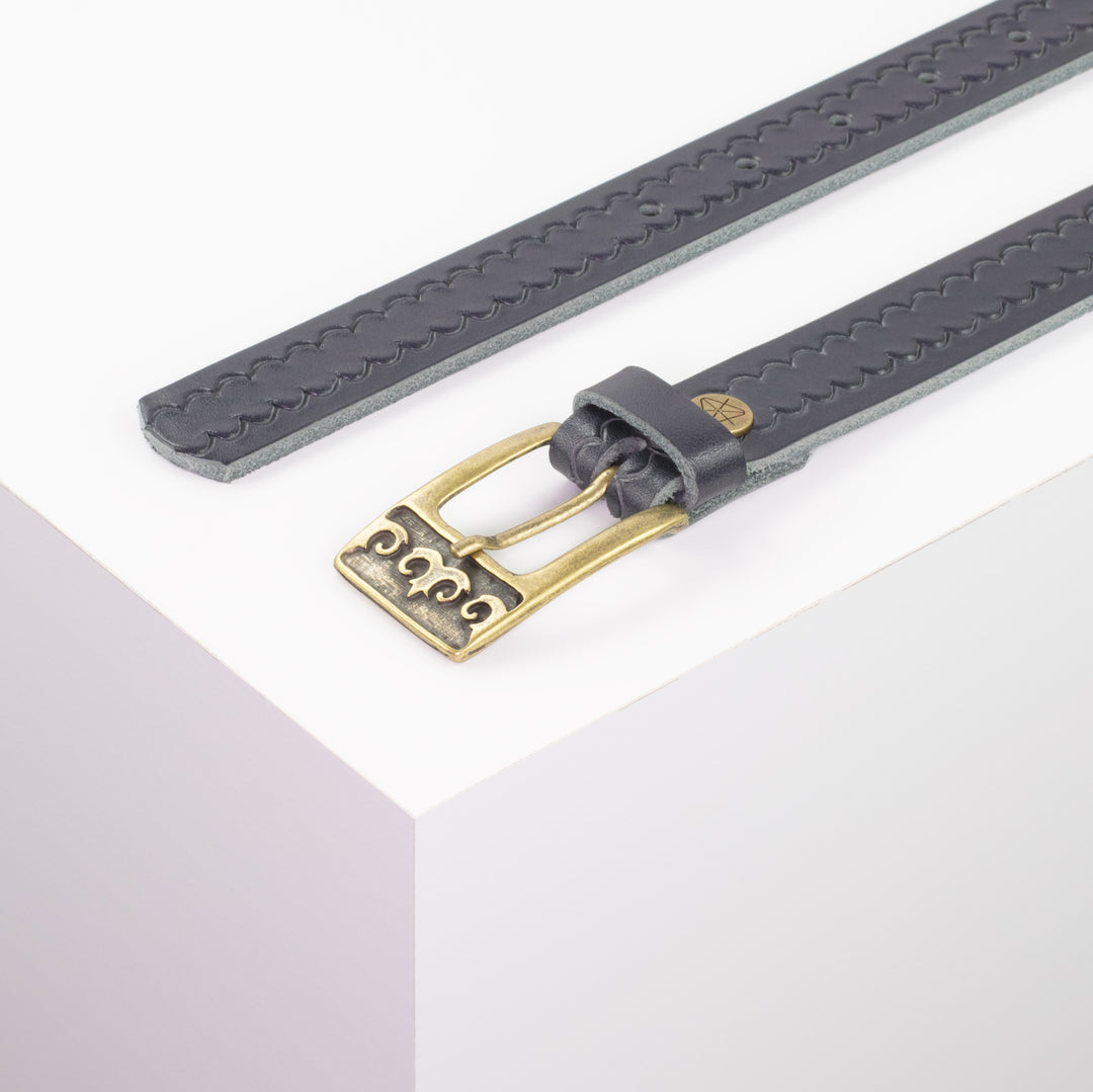 Ledergürtel 2,5cm mit Schnalle Ornament messing navi kleine Welle