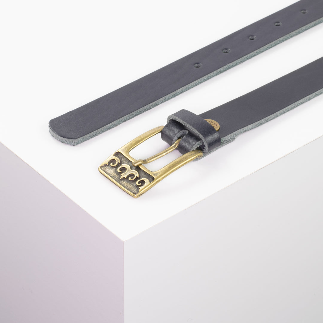 Ledergürtel 2,5cm mit Schnalle Ornament messing navi ohne Muster