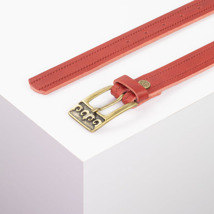 Ledergürtel 2,5cm mit Schnalle Ornament messing rot Reißverschluss