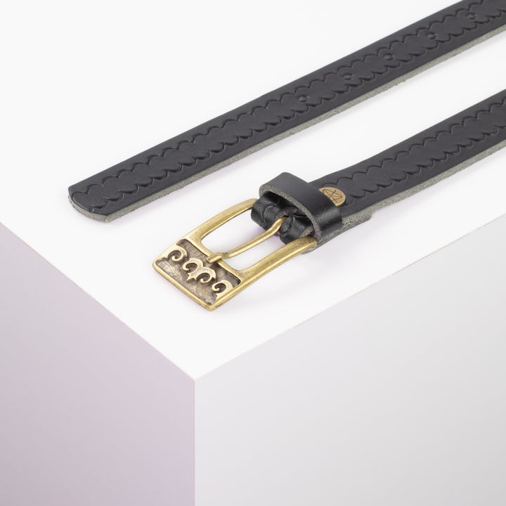 Ledergürtel 2,5cm mit Schnalle Ornament messing schwarz kleine Welle