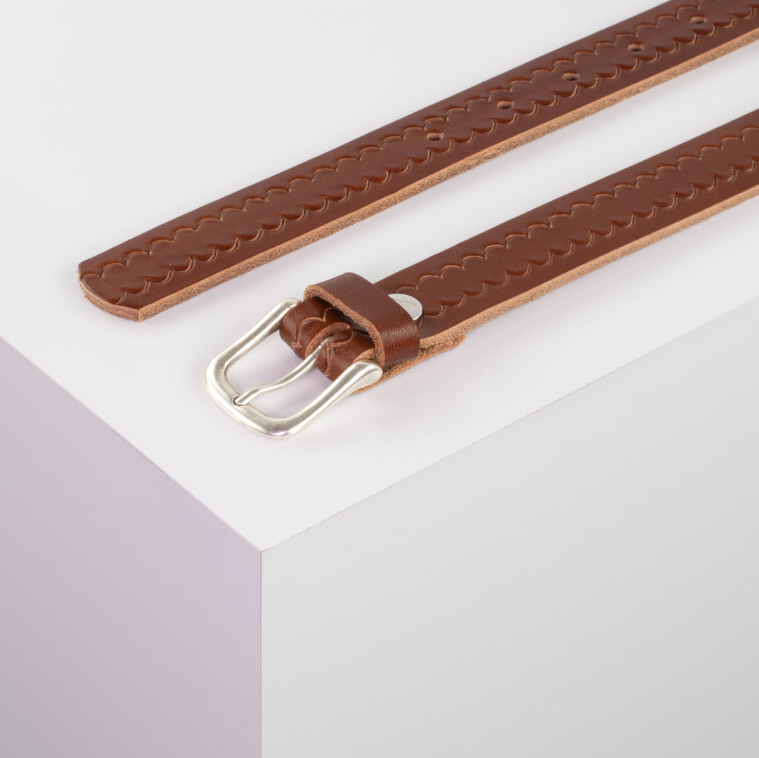 Ledergürtel 2,5cm mit Schnalle Chicago silber cognac kleine Welle