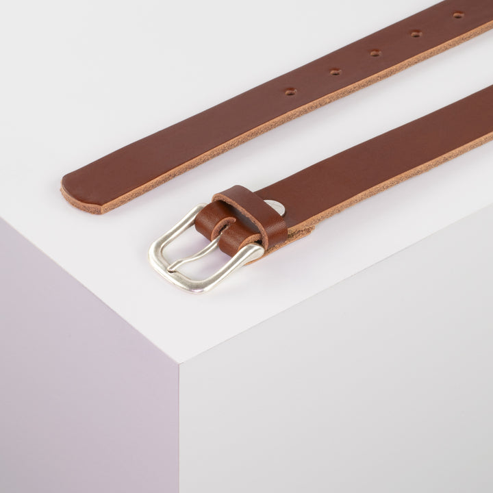 Ledergürtel 2,5cm mit Schnalle Chicago silber cognac ohne Muster