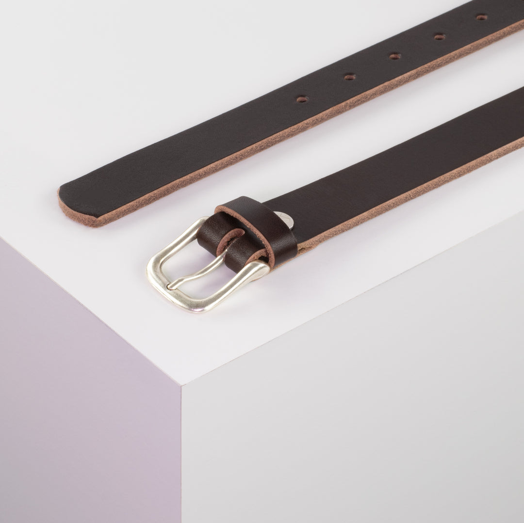 Ledergürtel 2,5cm mit Schnalle Chicago silber dunkelbraun ohne Muster