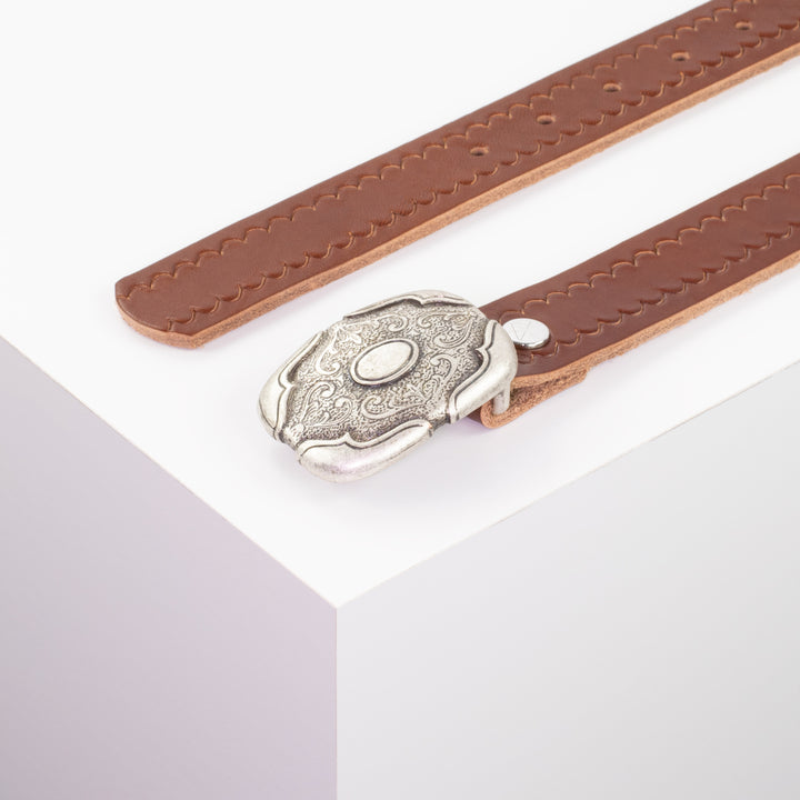 Ledergürtel 3cm mit Schnalle Blume eckig cognac kleine Welle