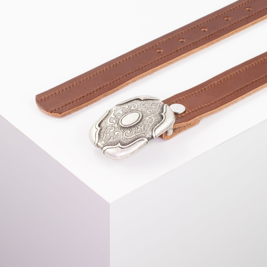Ledergürtel 3cm mit Schnalle Blume eckig cognac Reißverschluss