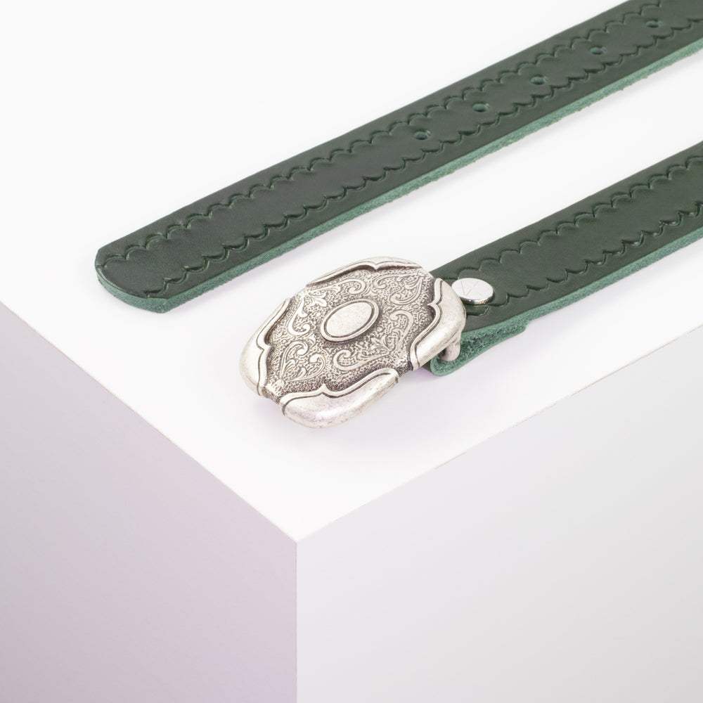 Ledergürtel 3cm mit Schnalle Blume eckig grün kleine Welle