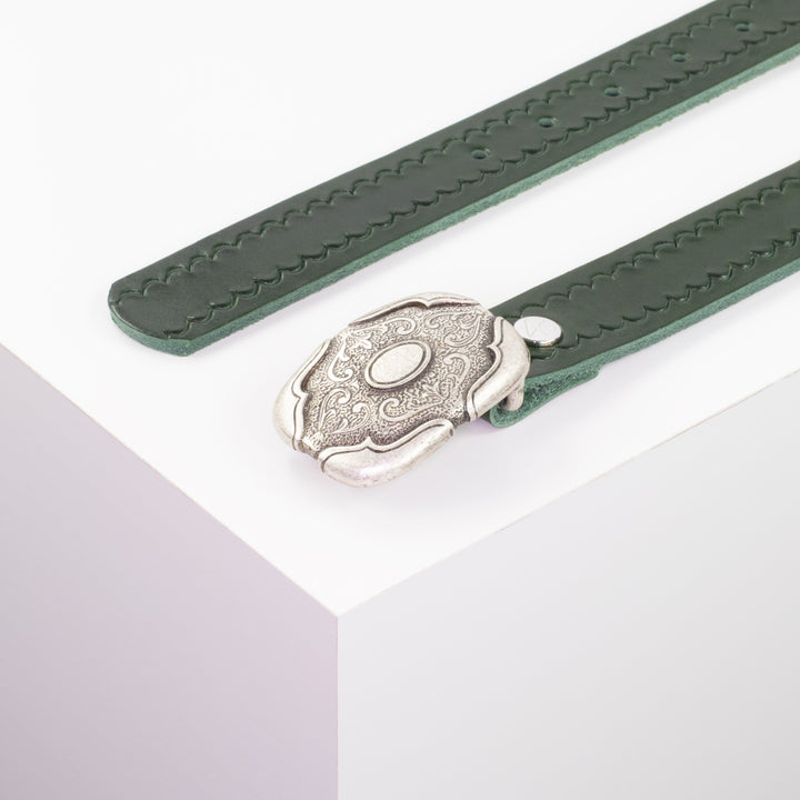 Ledergürtel 3cm mit Schnalle Blume eckig grün kleine Welle
