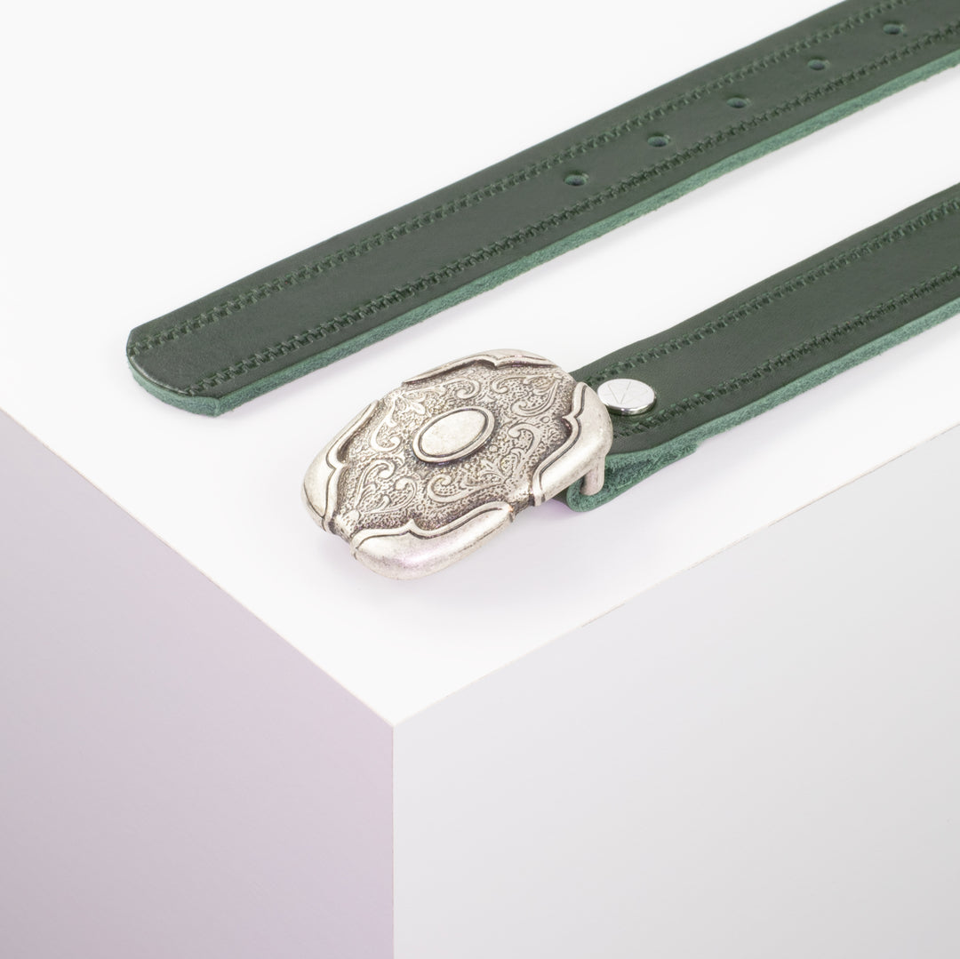 Ledergürtel 3cm mit Schnalle Blume eckig grün Reißverschluss