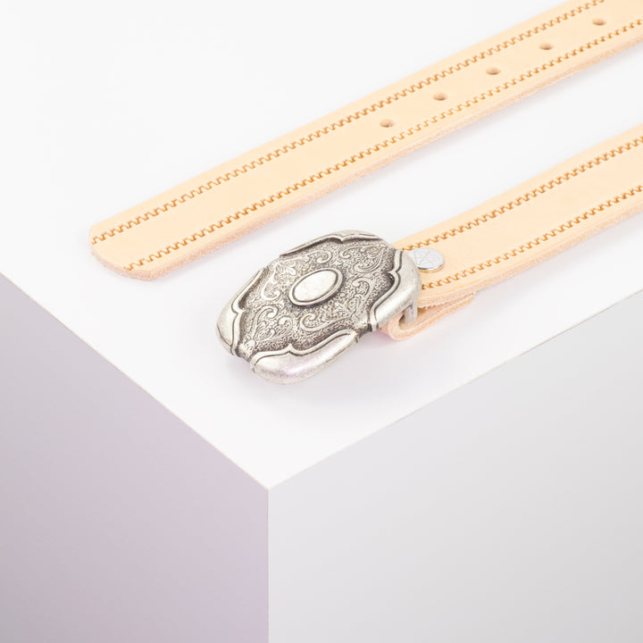Ledergürtel 3cm mit Schnalle Blume eckig natur Reißverschluss