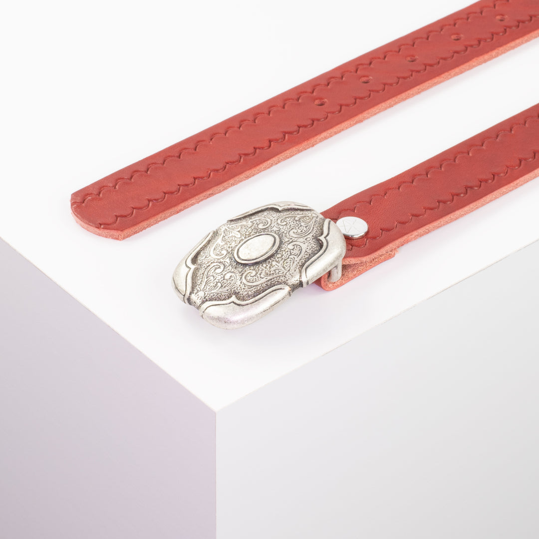 Ledergürtel 3cm mit Schnalle Blume eckig rot kleine Welle