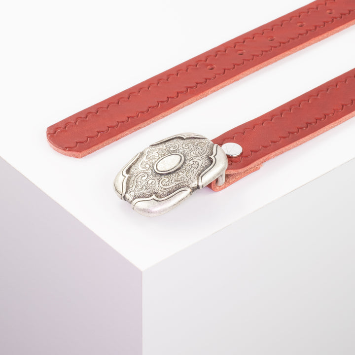 Ledergürtel 3cm mit Schnalle Blume eckig rot kleine Welle