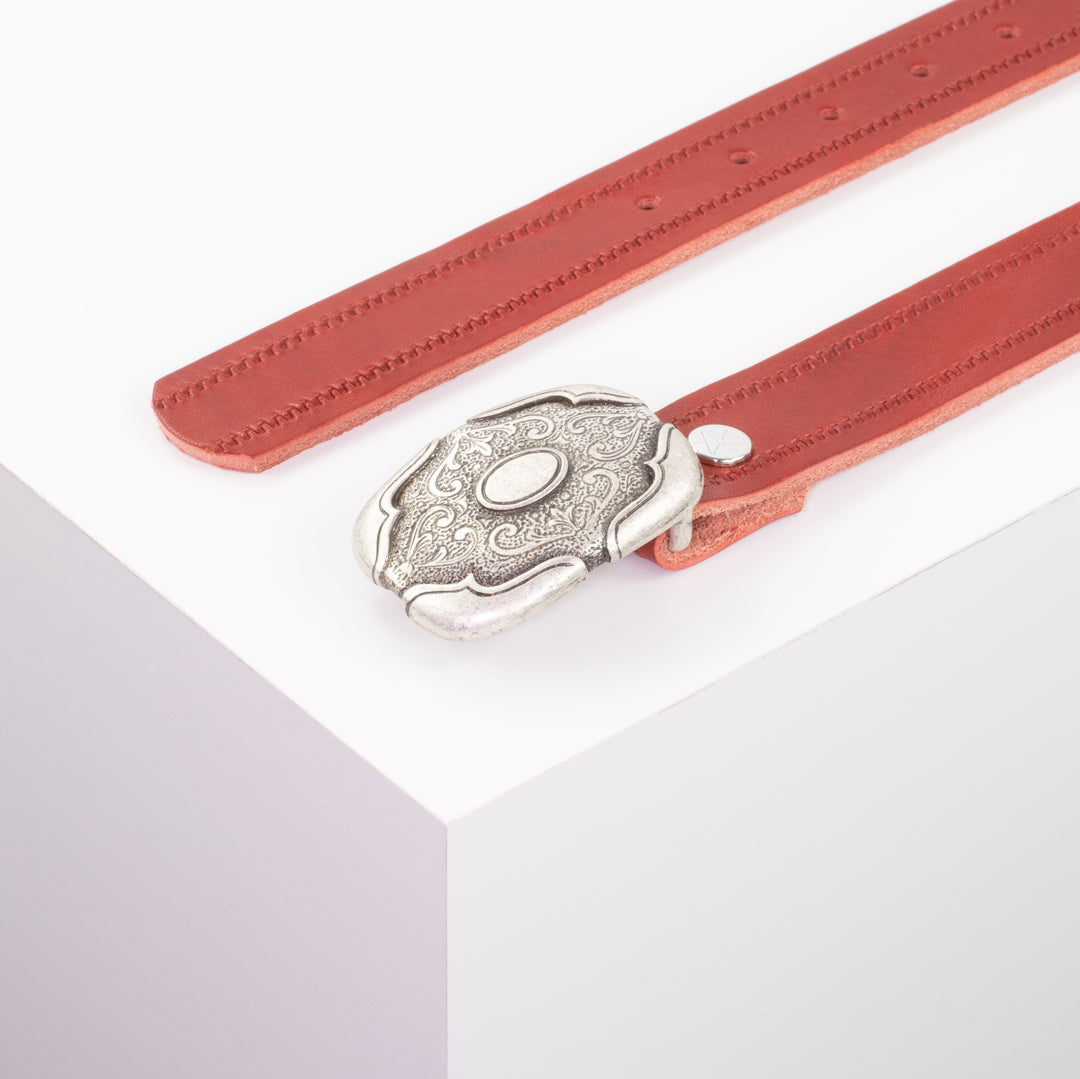 Ledergürtel 3cm mit Schnalle Blume eckig rot Reißverschluss