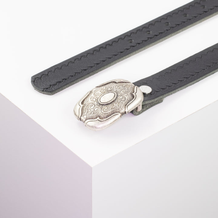 Ledergürtel 3cm mit Schnalle Blume eckig schwarz kleine Welle