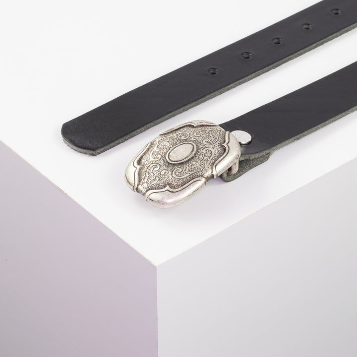 Ledergürtel 3cm mit Schnalle Blume eckig schwarz ohne Muster