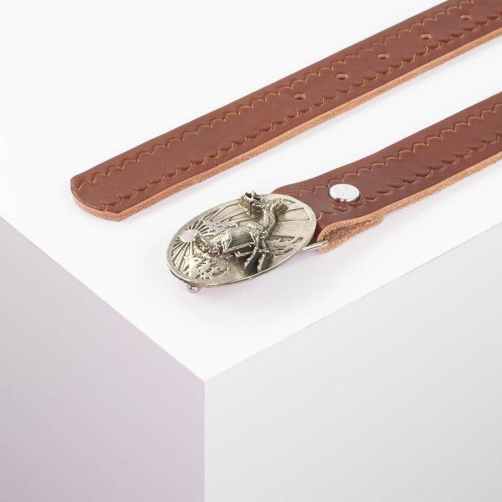 Ledergürtel 3cm mit Schnalle Hirsch springend cognac kleine Welle