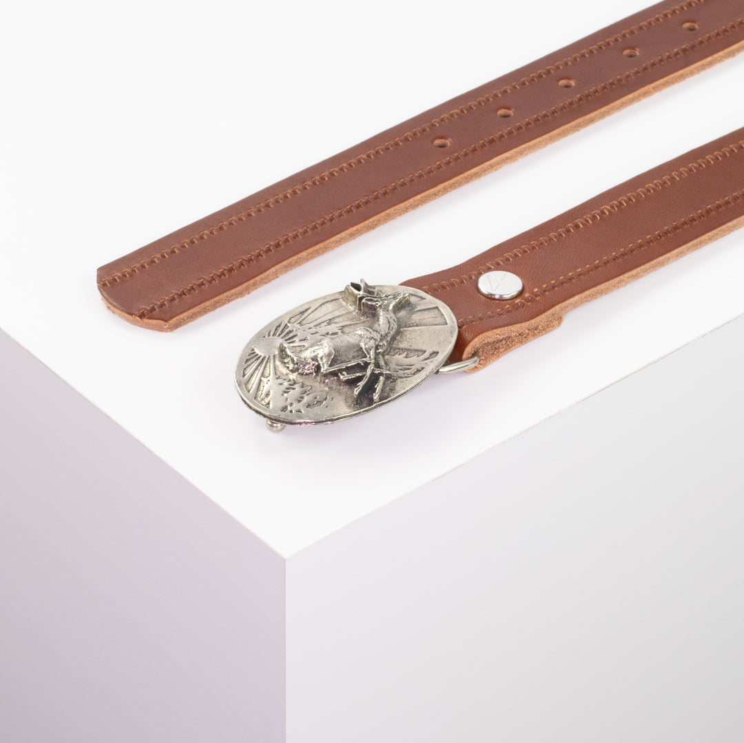 Ledergürtel 3cm mit Schnalle Hirsch springend cognac Reißverschluss