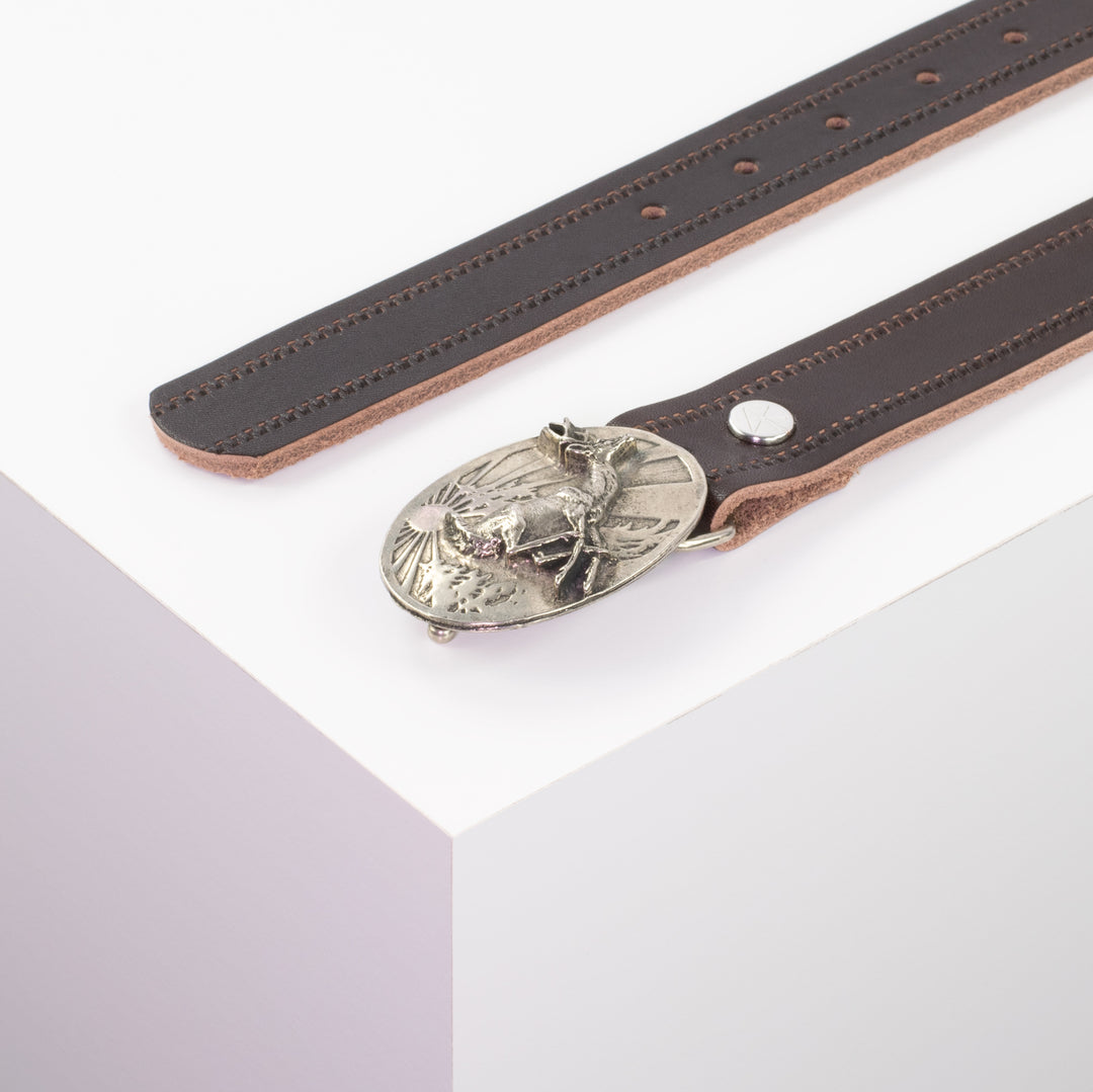 Ledergürtel 3cm mit Schnalle Hirsch springend dunkelbraun Reißverschluss