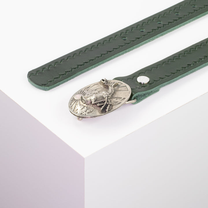 Ledergürtel 3cm mit Schnalle Hirsch springend grün kleine Welle