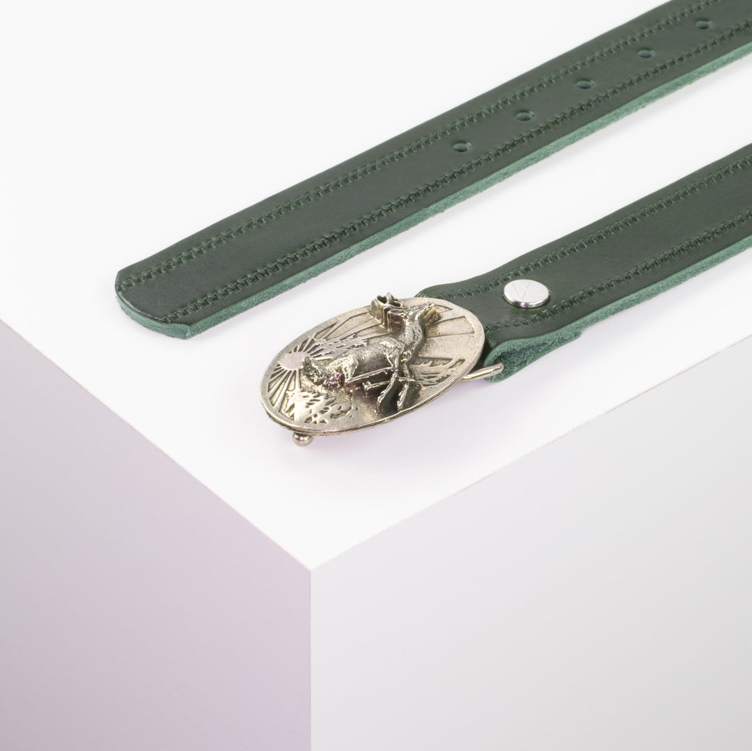 Ledergürtel 3cm mit Schnalle Hirsch springend grün Reißverschluss