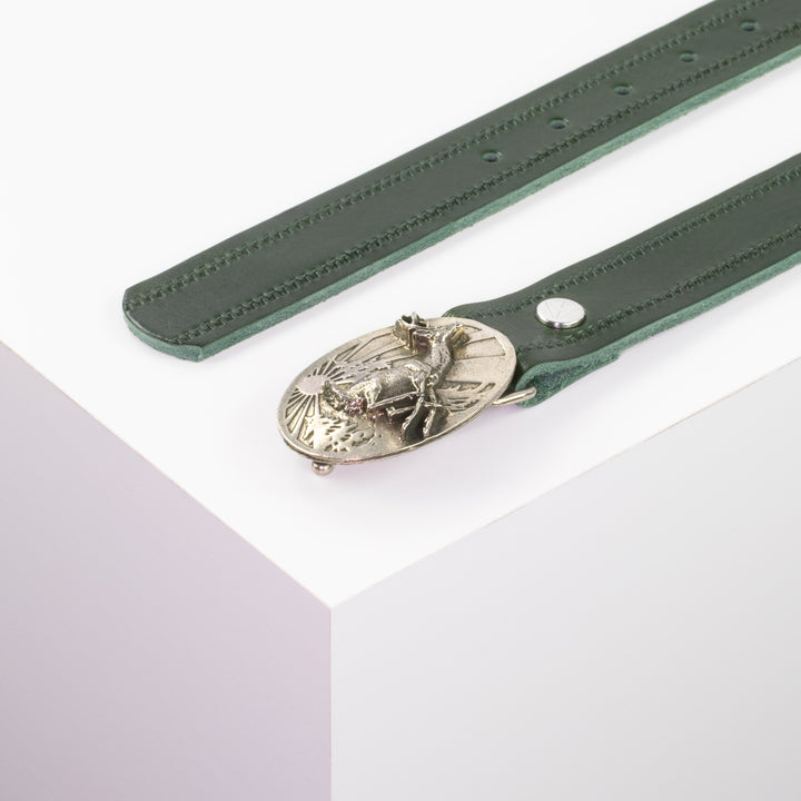 Ledergürtel 3cm mit Schnalle Hirsch springend grün Reißverschluss