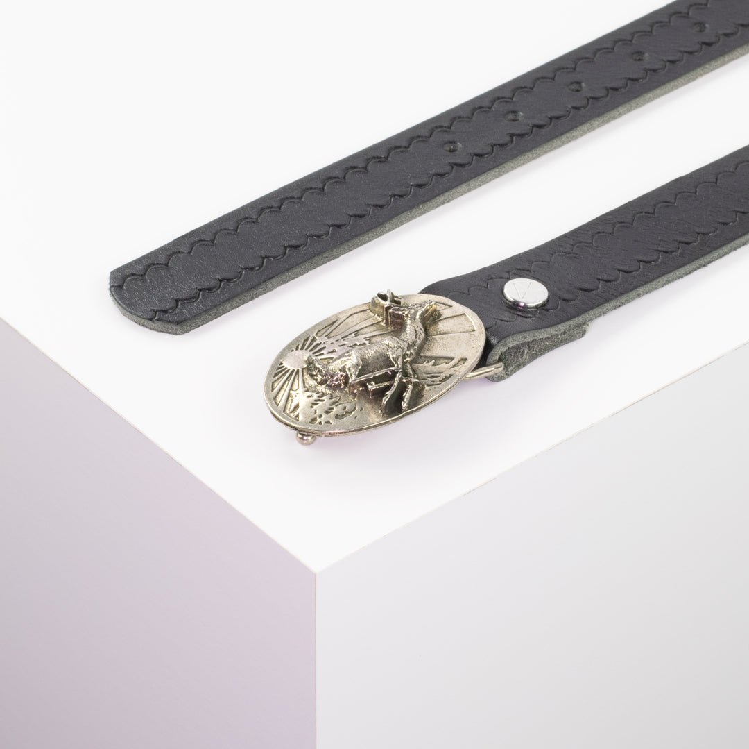 Ledergürtel 3cm mit Schnalle Hirsch springend schwarz kleine Welle