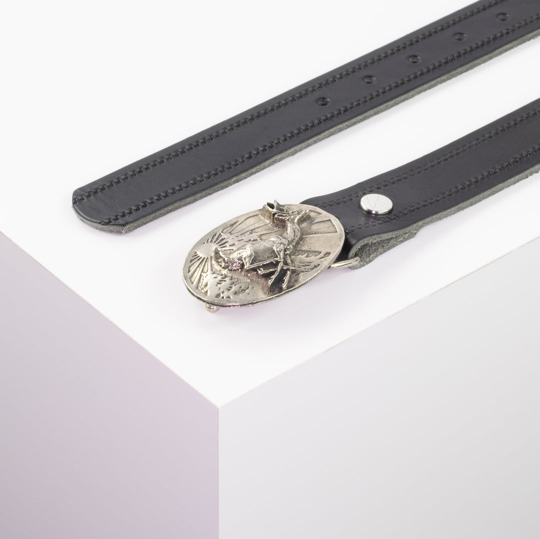 Ledergürtel 3cm mit Schnalle Hirsch springend schwarz Reißverschluss