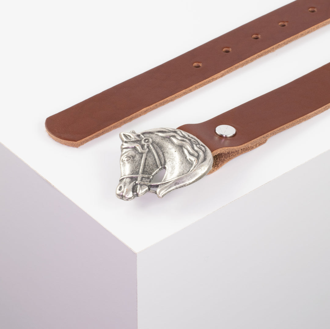 Ledergürtel 3cm mit Schnalle Pferdekopf cognac ohne Muster