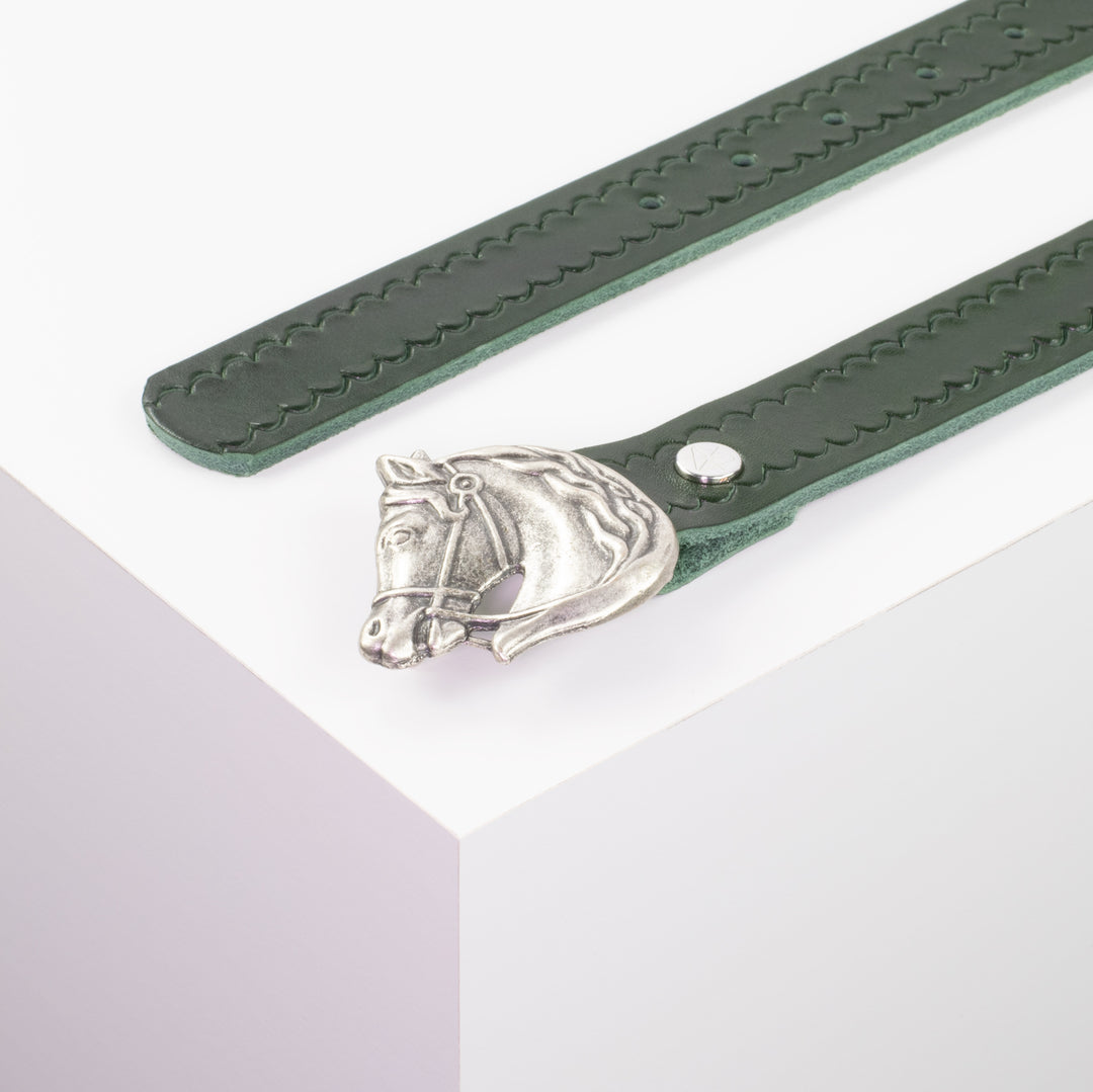 Ledergürtel 3cm mit Schnalle Pferdekopf grün kleine Welle