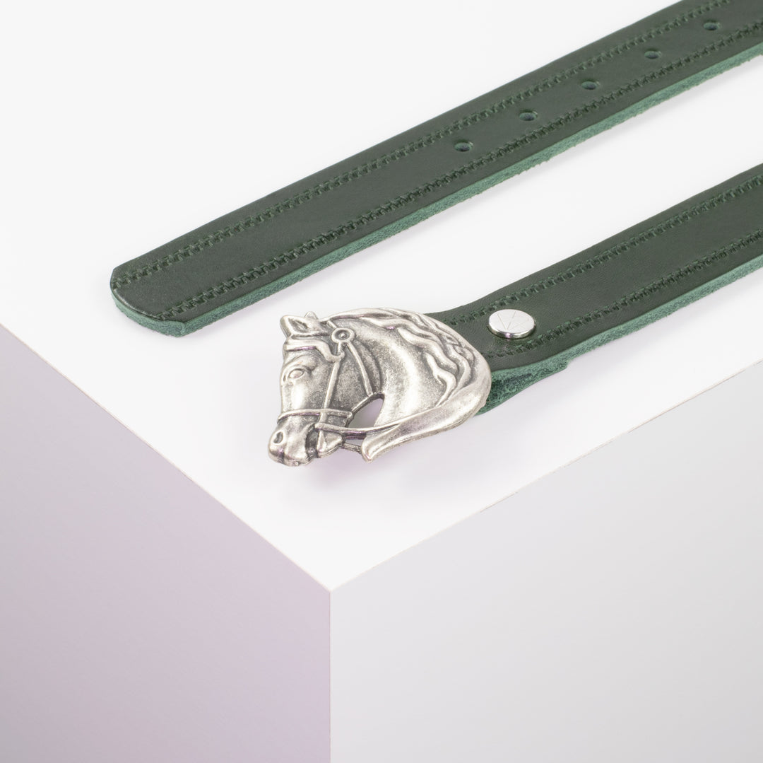 Ledergürtel 3cm mit Schnalle Pferdekopf grün Reißverschluss