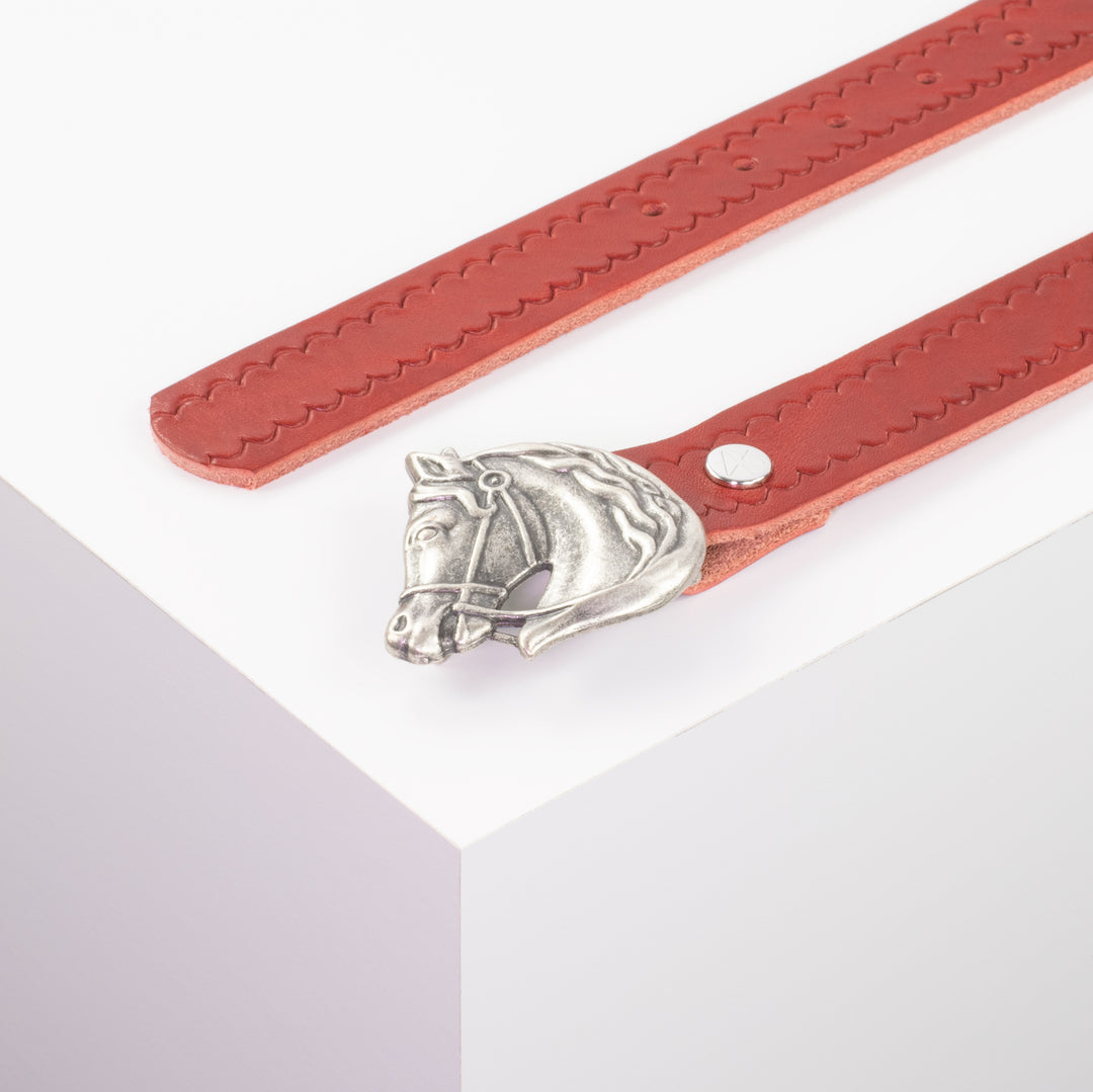 Ledergürtel 3cm mit Schnalle Pferdekopf rot kleine Welle