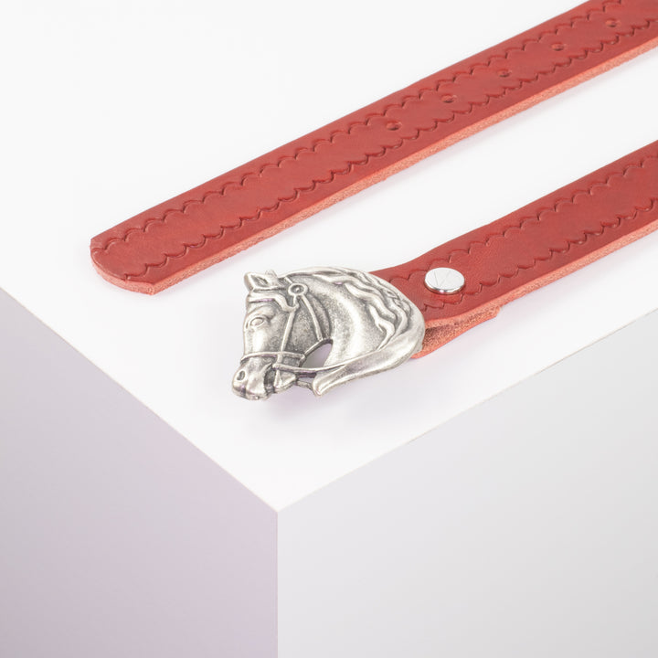 Ledergürtel 3cm mit Schnalle Pferdekopf rot kleine Welle