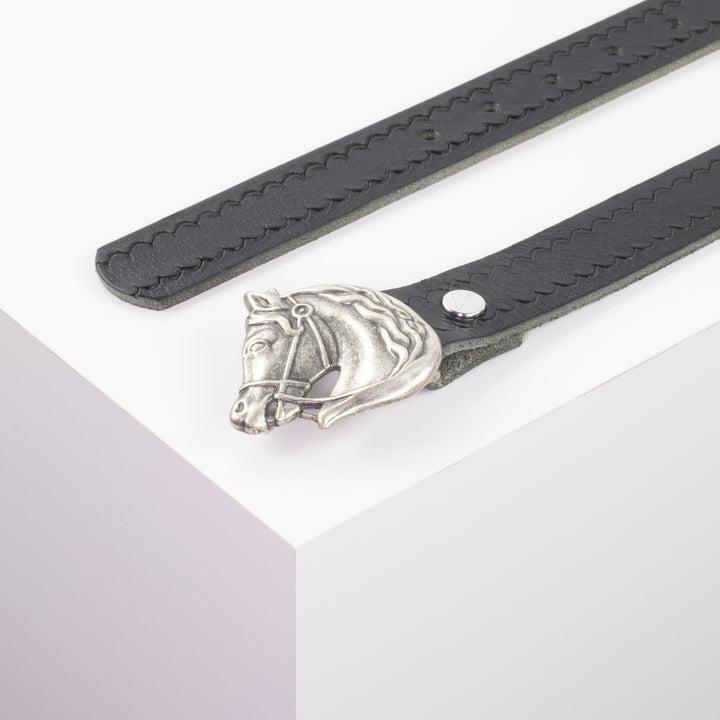 Ledergürtel 3cm mit Schnalle Pferdekopf schwarz kleine Welle
