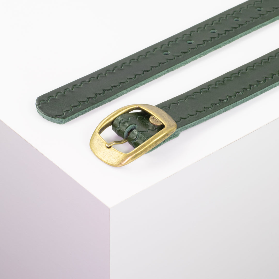 Ledergürtel 3cm mit Schnalle Budapest messing grün kleine Welle