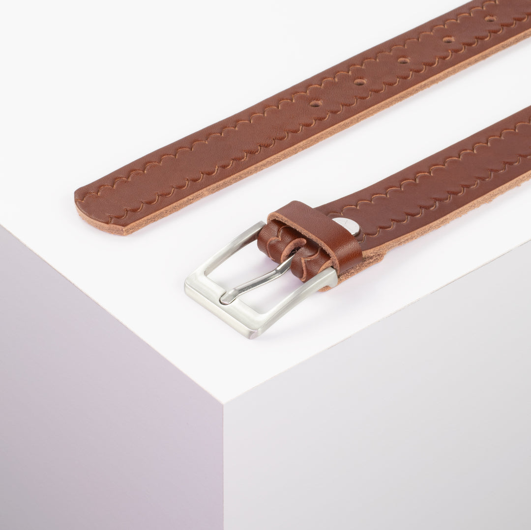 Ledergürtel 3cm mit Schnalle Boston silber glänzend cognac kleine Welle