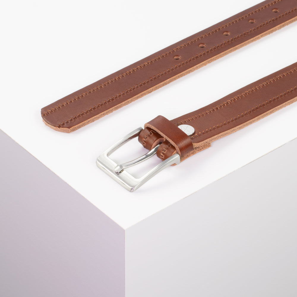 Ledergürtel 3cm mit Schnalle Boston silber glänzend cognac Reißverschluss