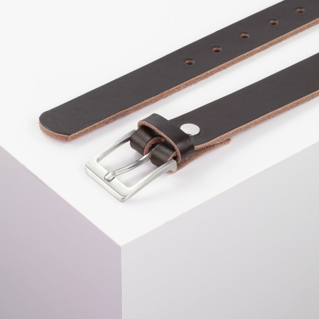 Ledergürtel 3cm mit Schnalle Boston silber glänzend dunkelbraun ohne Muster