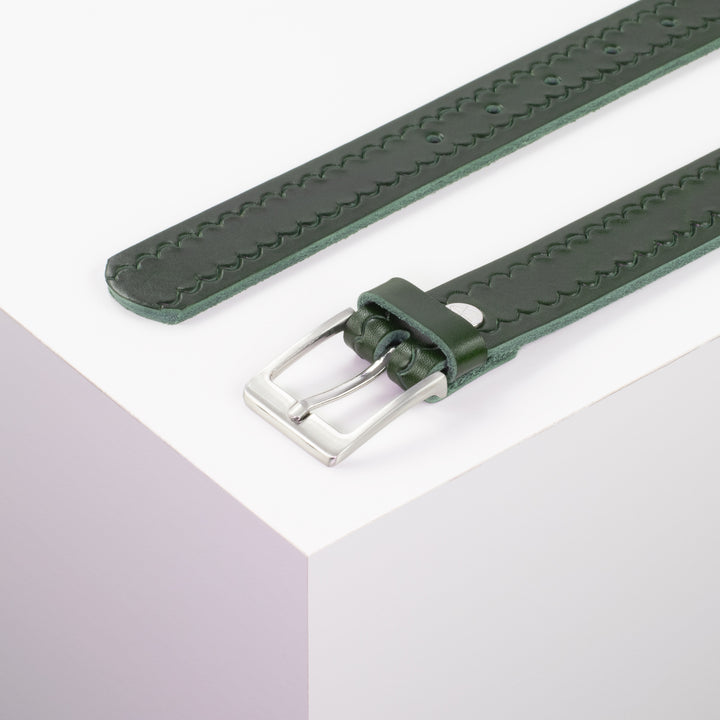 Ledergürtel 3cm mit Schnalle Boston silber glänzend grün kleine Welle