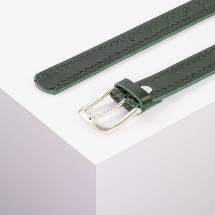Ledergürtel 3cm mit Schnalle Liverpool silber matt grün kleine Welle