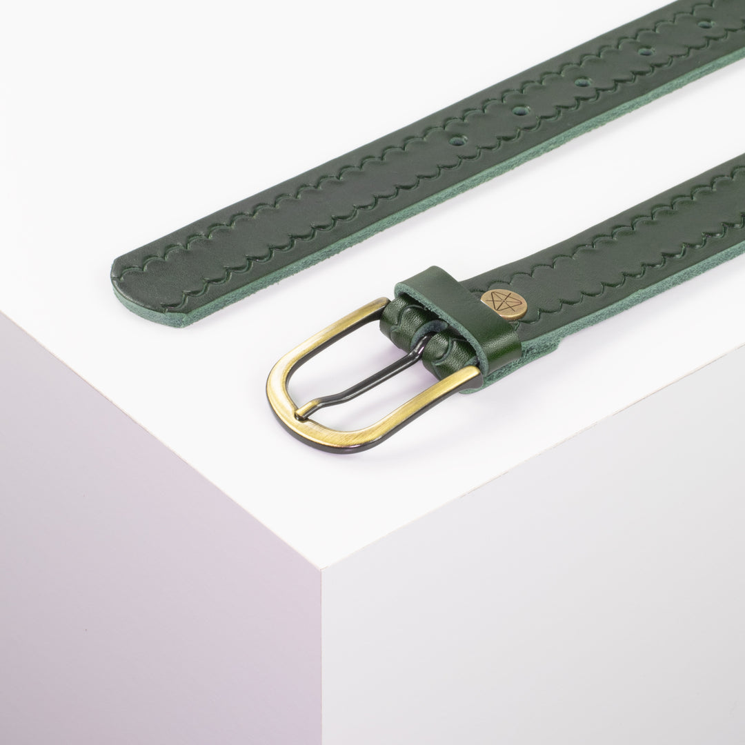 Ledergürtel 3cm mit Schnalle Nizza messing grün kleine Welle