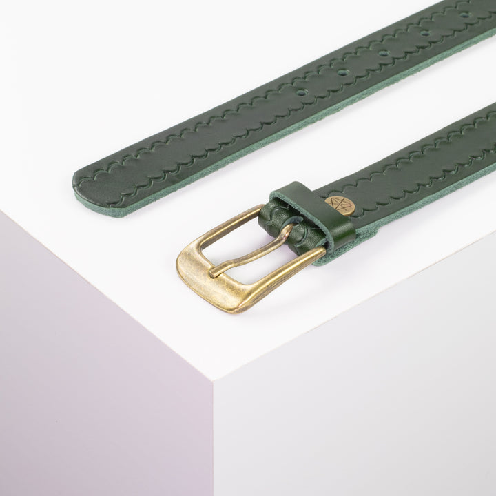 Ledergürtel 3cm mit Schnalle Brüssel messing grün kleine Welle